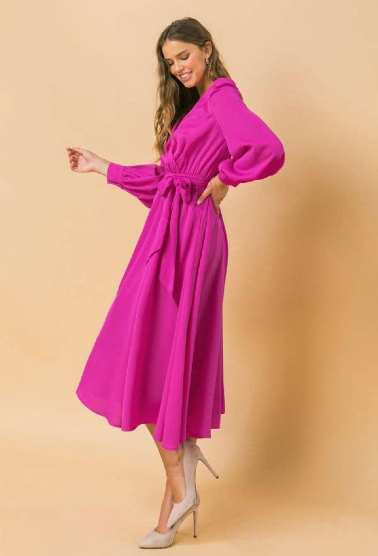 Solid Fuchsia Midi Dress, Sizes Small - Large
