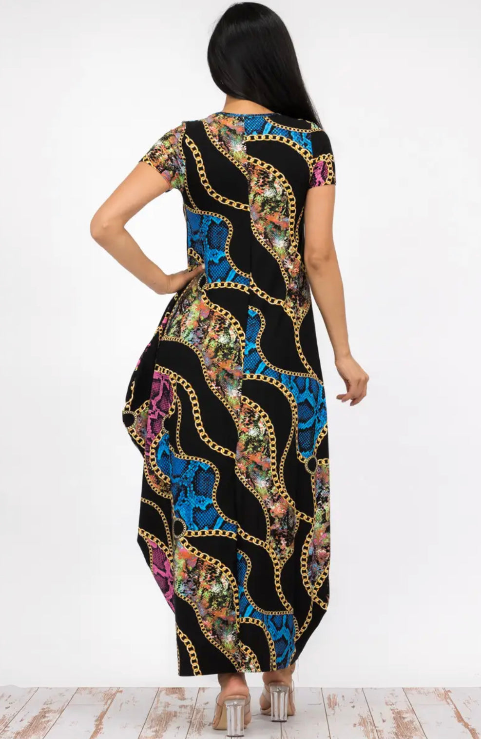 Chain Print Short Sleeve Maxi Dress, Sizes Small - 3XLarge