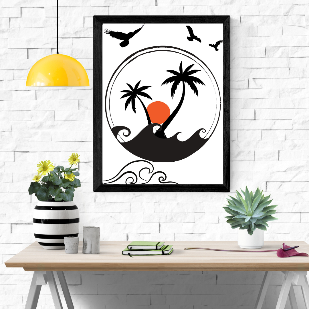 Beautiful 18” x 24” Palm Trees with Sunset in the background Framed Art