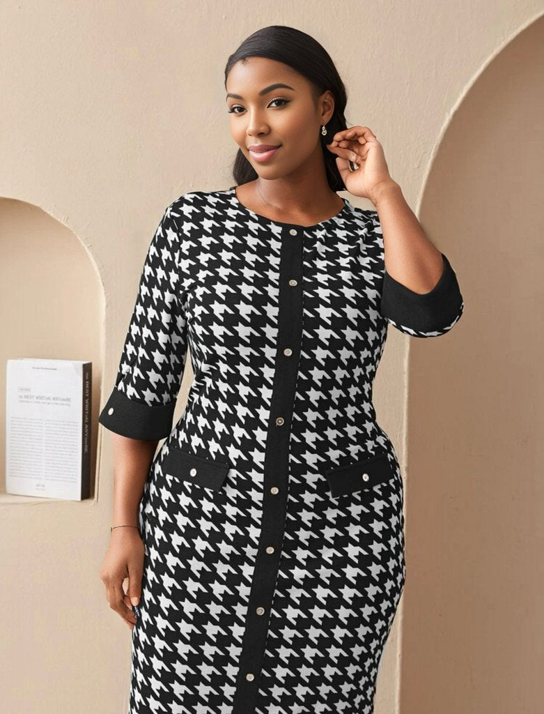 Houndstooth Print Back Slit Dress, US Sizes 12 - 22
