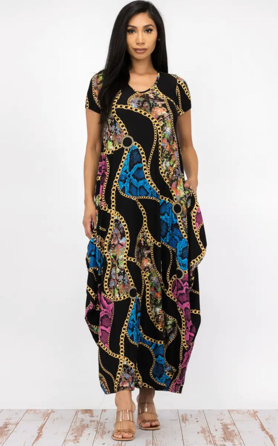 Chain Print Short Sleeve Maxi Dress, Sizes Small - 3XLarge