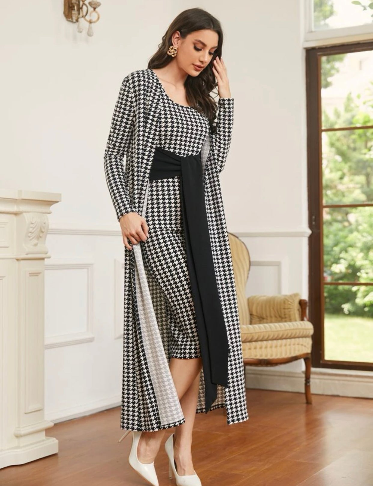 Houndstooth Open Front Coat and Tie Front Dress, US Sizes 0 - 20