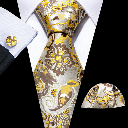 Men’s Silk Coordinated Tie Set - Golden Yellow Floral Paisley (6195)