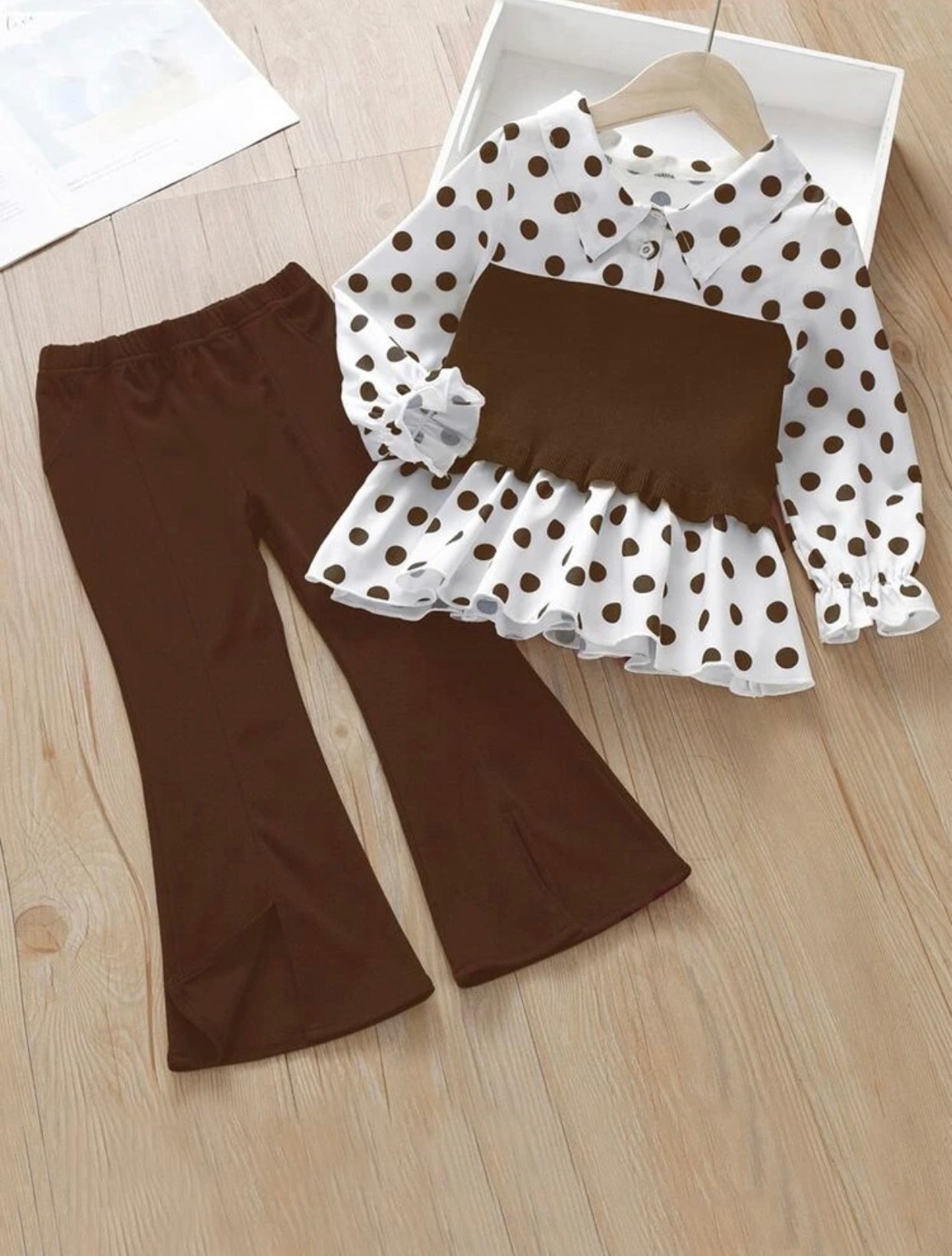 Girls Polka Dot Print Flounce Sleeve Top & Split Hem Flare Leg Pants (Sizes 3 year - 10 year)