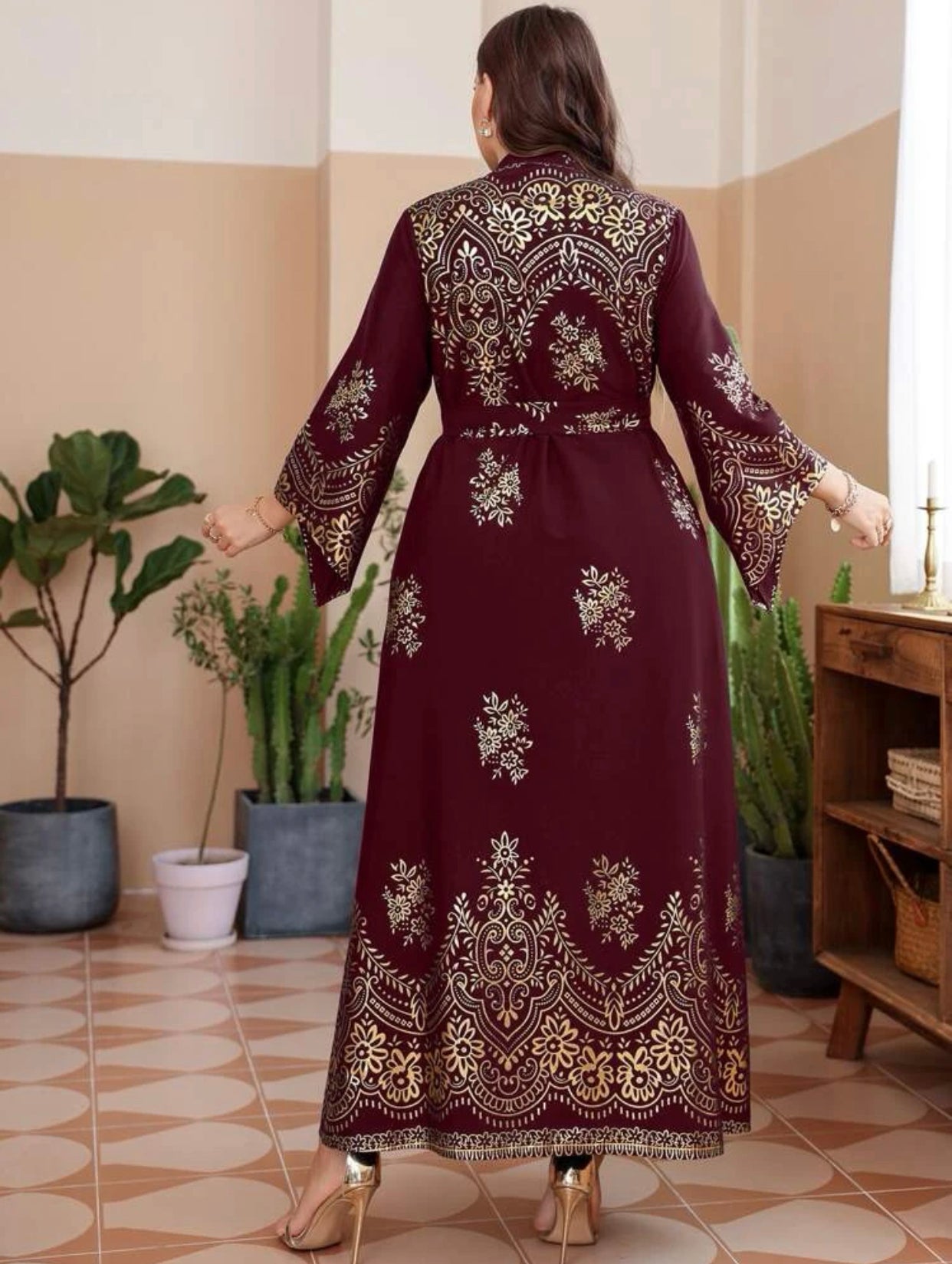 Burgundy Gold Floral Indian/ Arabic Dress (US Sizes 12 - 20)