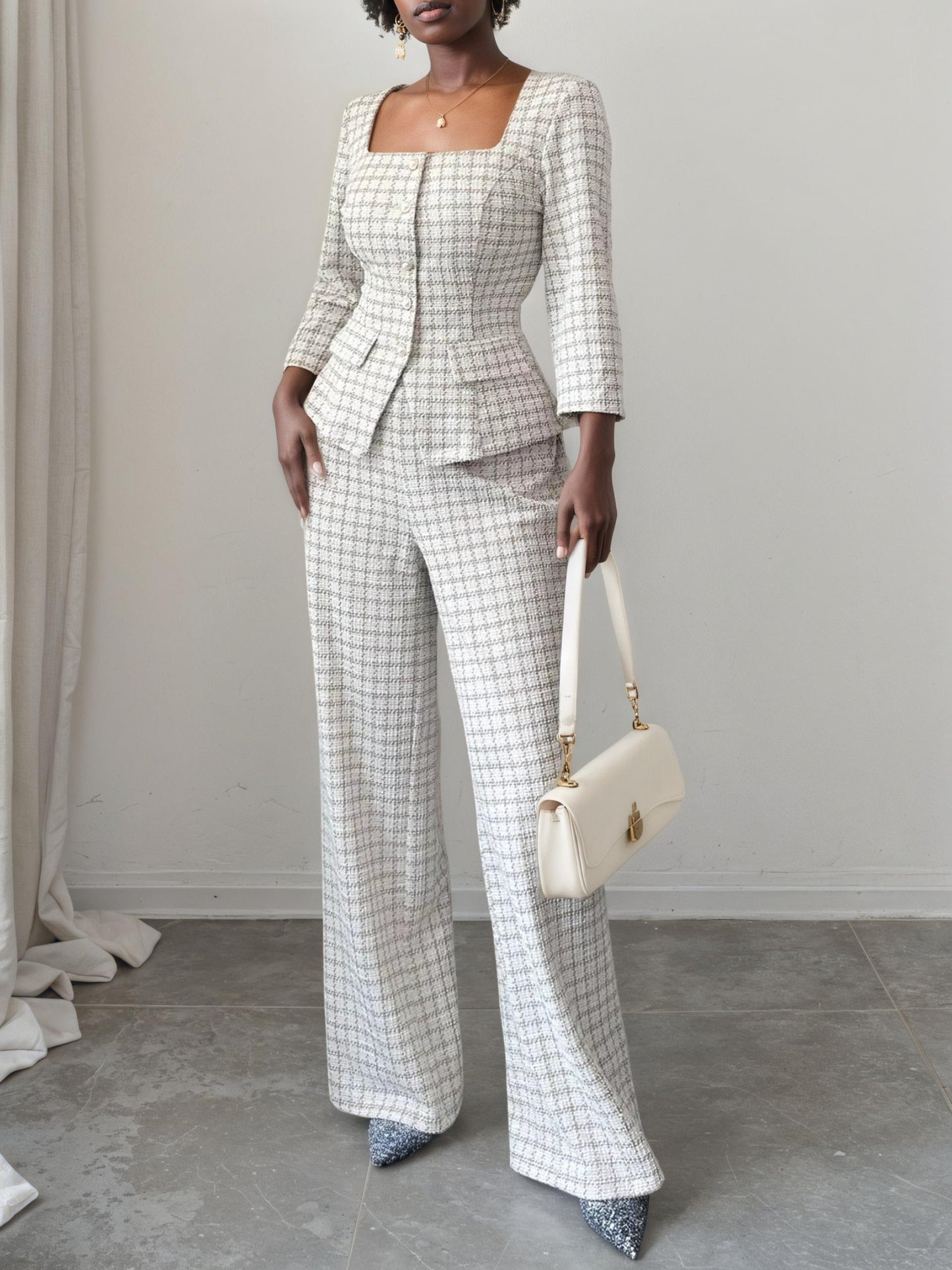 Plaid Square Neck Button Up Top and Pants Set