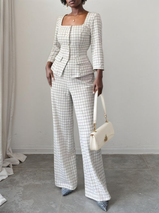 Plaid Square Neck Button Up Top and Pants Set
