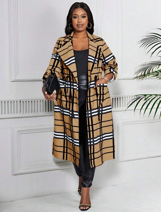 Beige Plaid Print Long Length Cardigan, Plus Size 12 - 20