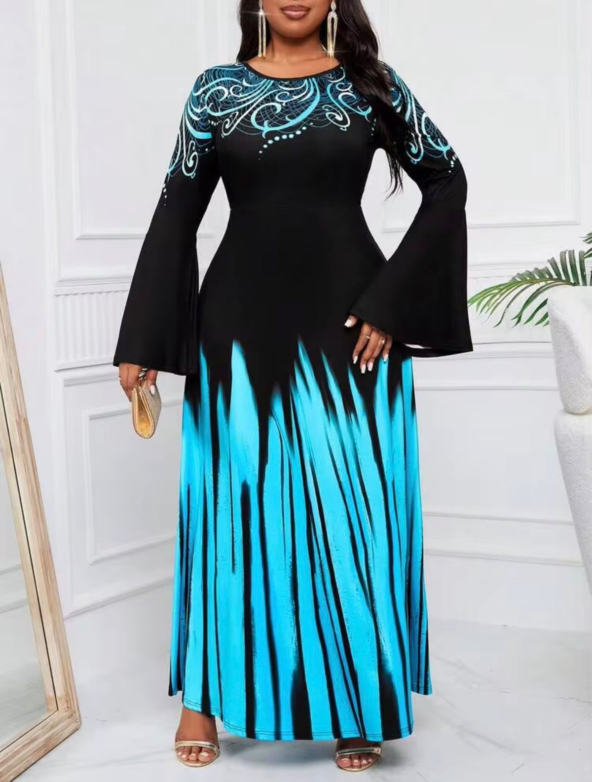 SHEIN Black & Blue Swirl-Accent Bell Sleeve Maxi Dress