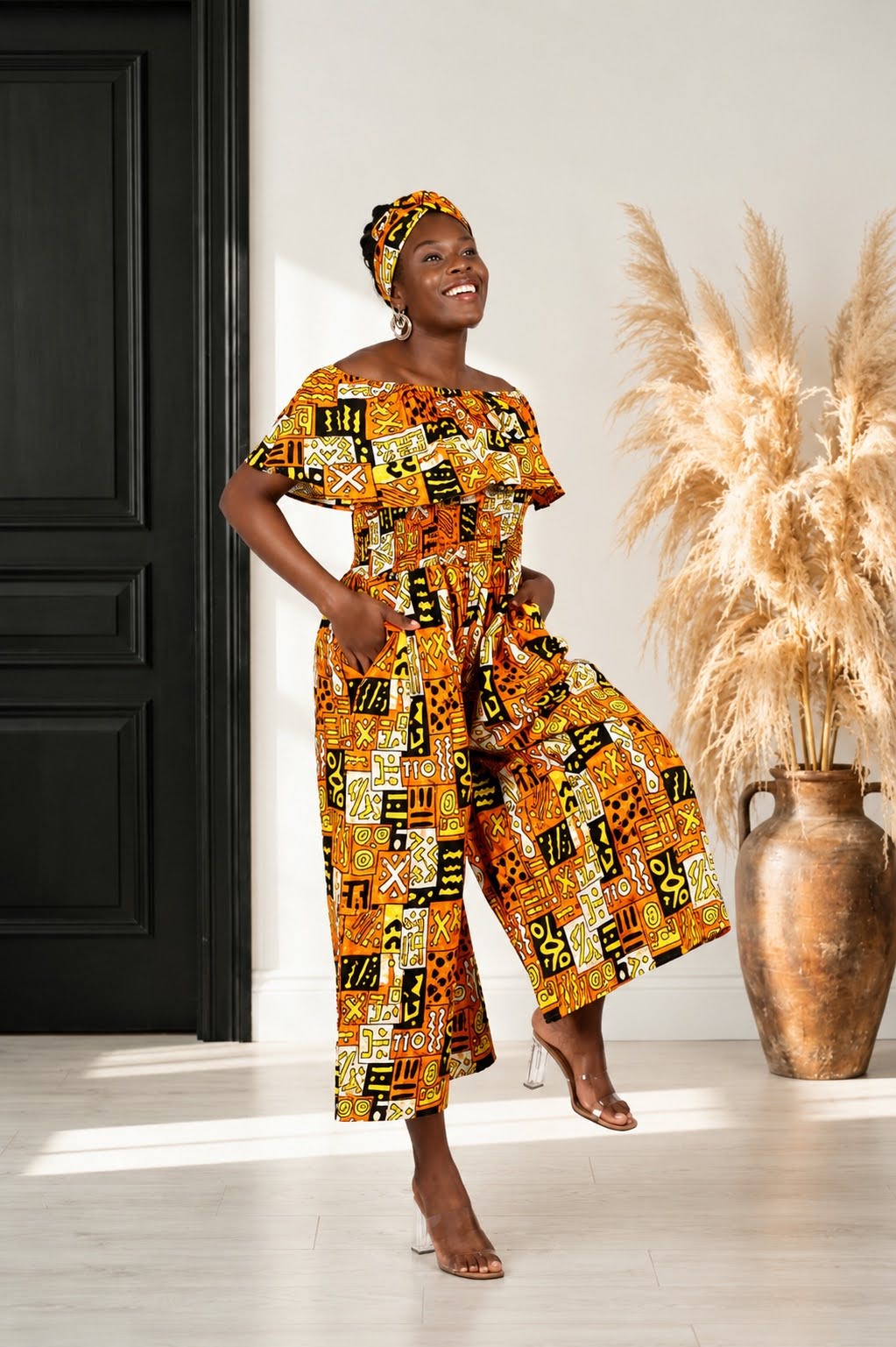 African Print Ruffled Neckline Jumpsuit / Romper (Brown) with Head Wrap