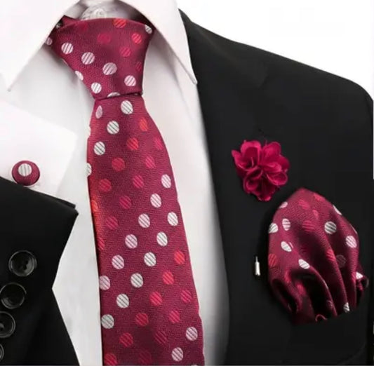 Men’s Silk Coordinated Tie Set - Red with Polka Dots (silver, pink, white)