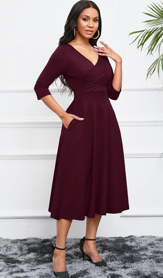 Casual Wrap Flared Dress, Sizes Small - 3XLarge (Burnt Red Dress)