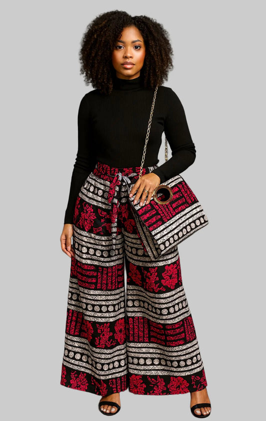 Combo Palazzo Pant & Pocketbook Combo Set, Red, Black, Gray PS14 (Pants, Headwrap, and Bag)