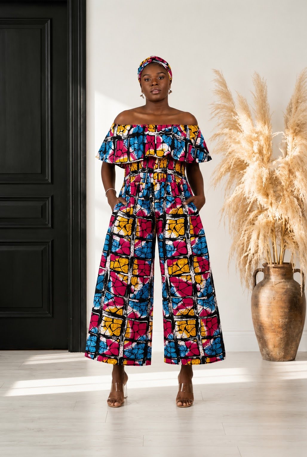 African Print Ruffled Neckline Jumpsuit / Romper (Blue, Pink, Yellow)