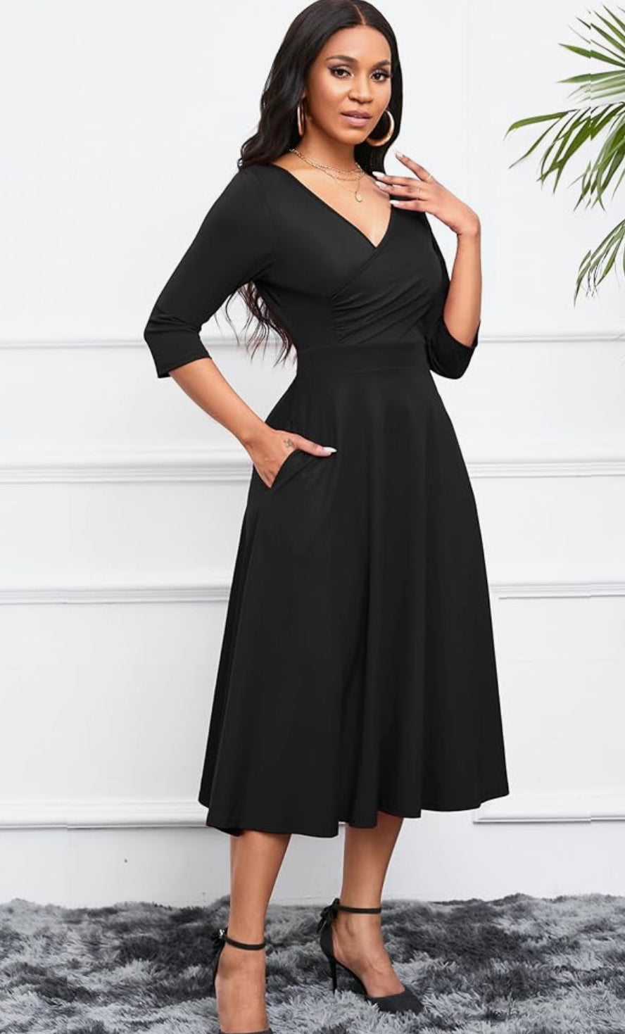 Casual Wrap Flared Dress, Sizes Small - 3XLarge (Black Dress)