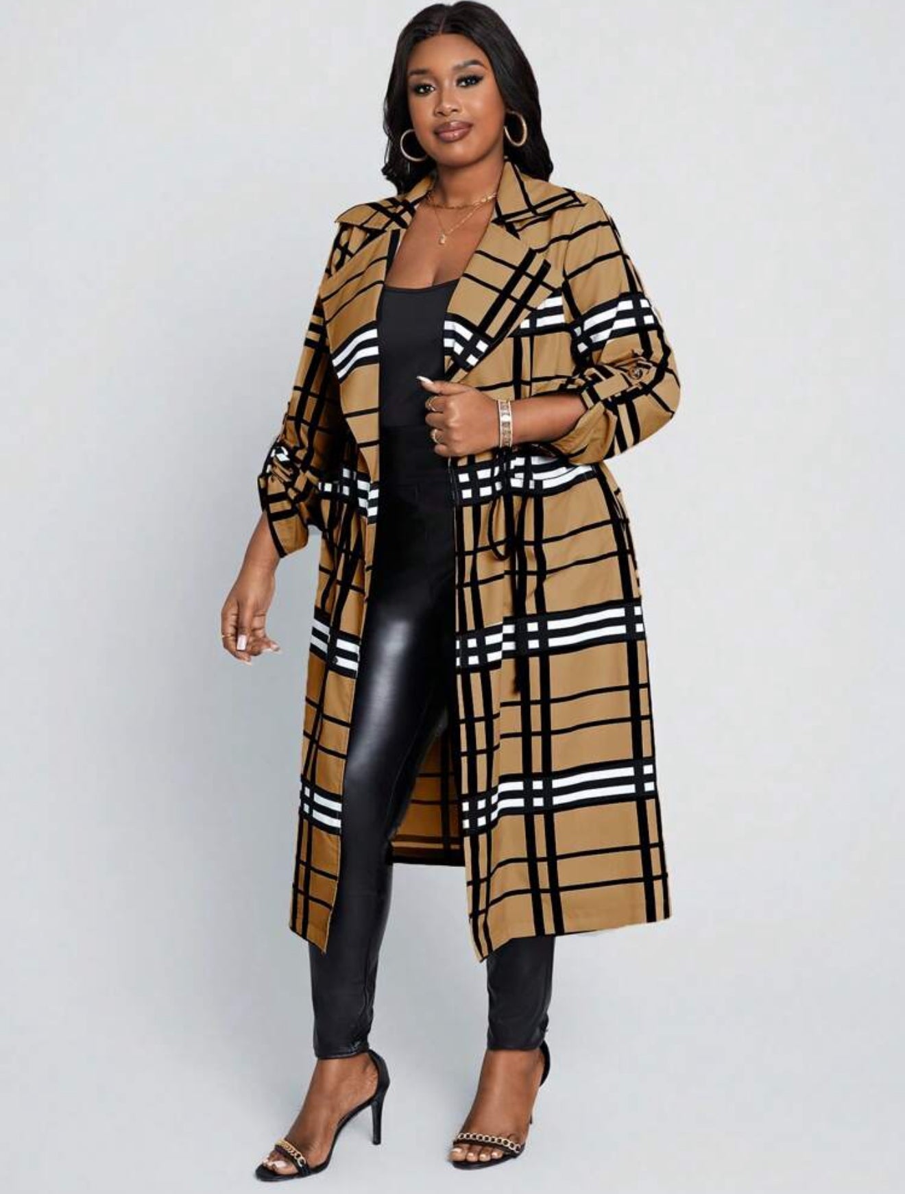 Beige Plaid Print Long Length Cardigan, Plus Size 12 - 20