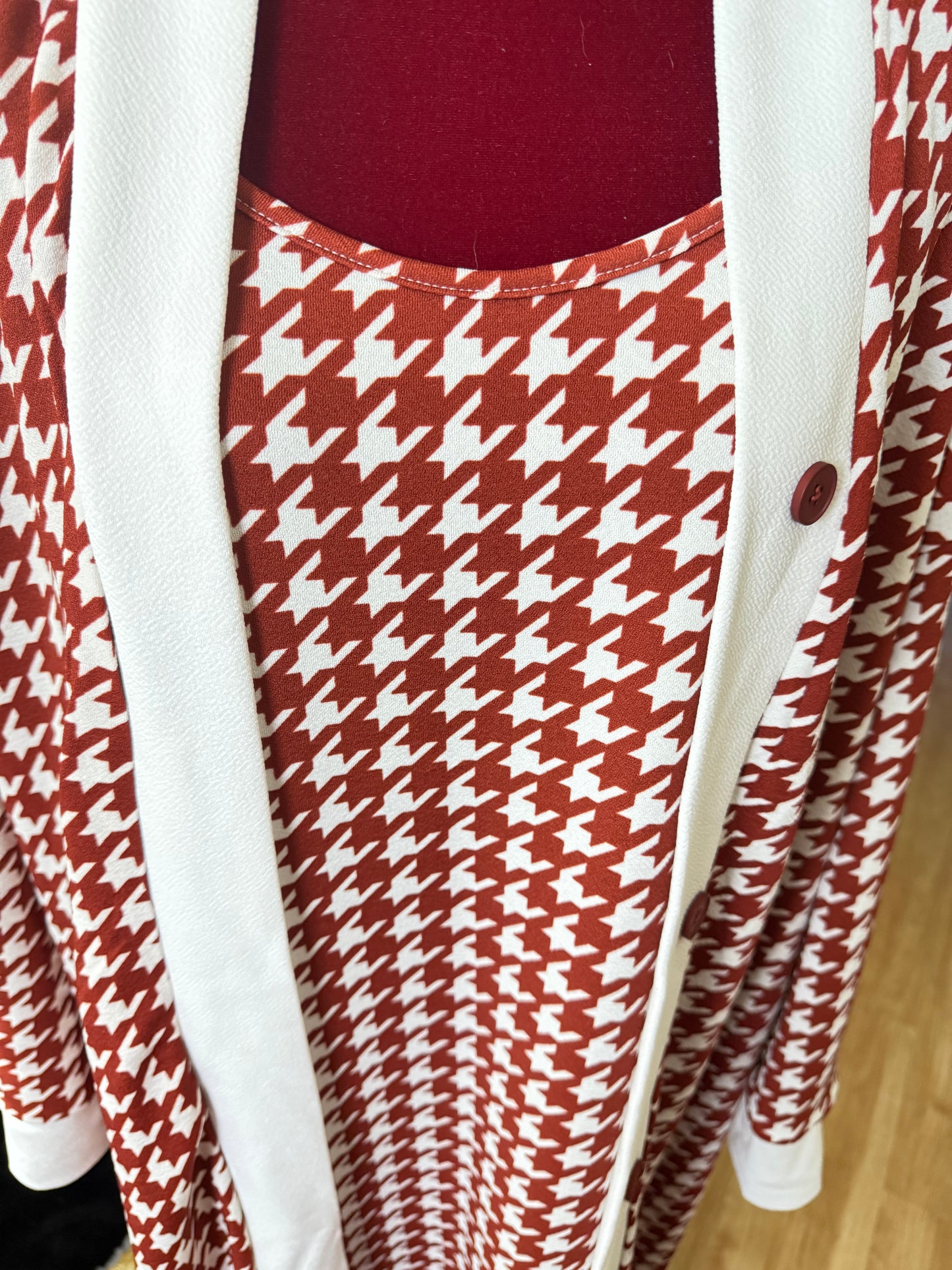 Two Piece Front Button Houndstooth Dress Set (US Sizes 12 - 20) Red and White