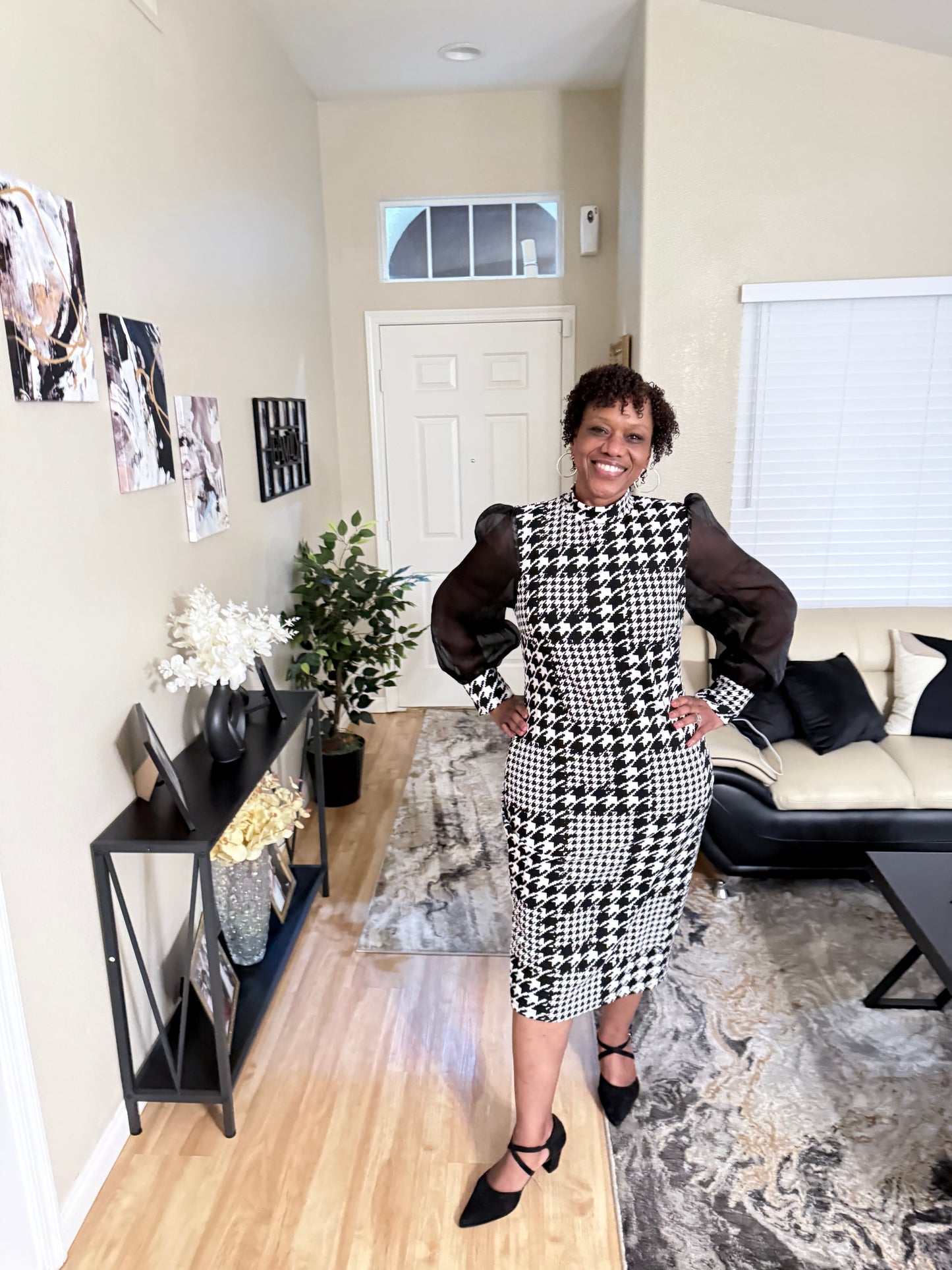 Houndstooth Print Mesh Sleeve Ladies Dress, Sizes Small - 4XLarge (US Sizes 4 - 20)