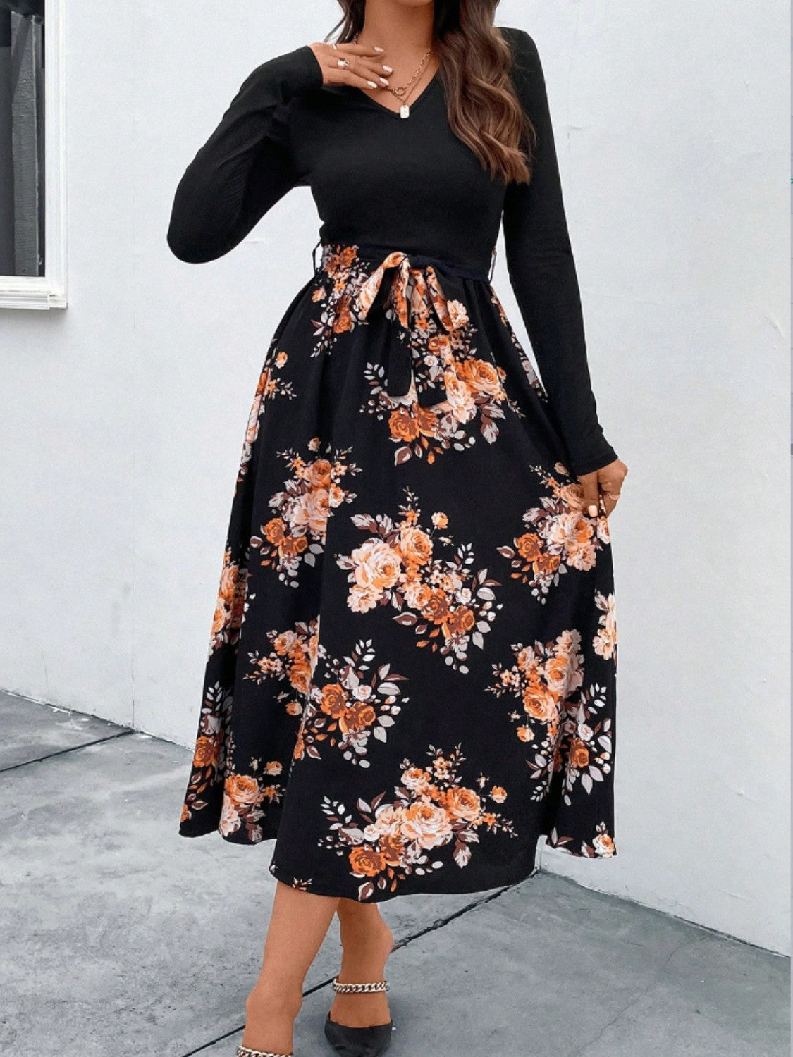 Floral V-Neck Long Sleeve Dress, Size XL