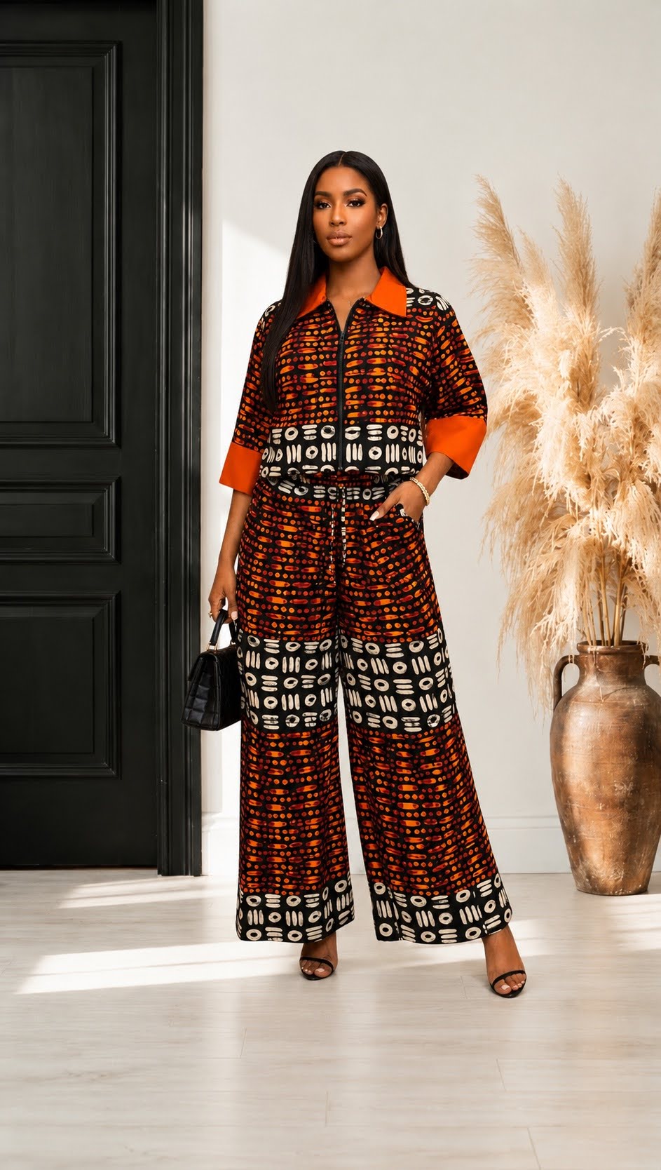 Two Piece Set / Top & Pants Set, Orange Black Patterned