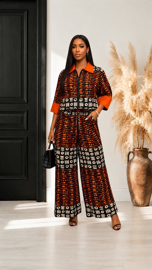 Two Piece Set / Top & Pants Set, Orange Black Patterned