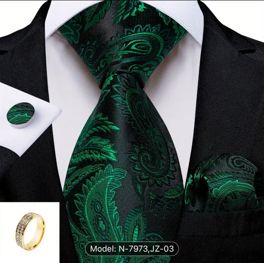 Men’s Silk Coordinated Tie Set - Deep Green & Black Paisley