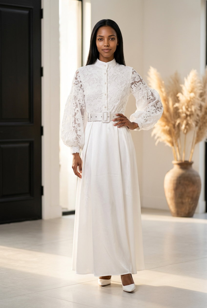 Lace Lantern Sleeve Belted Maxi Dress