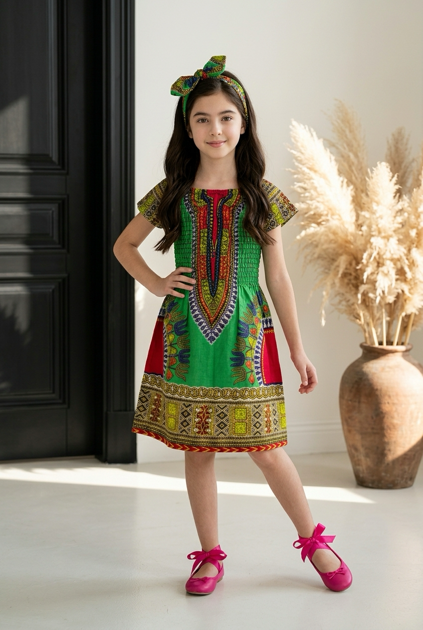 Little Girls Dashiki Dress with Coordinating Headband