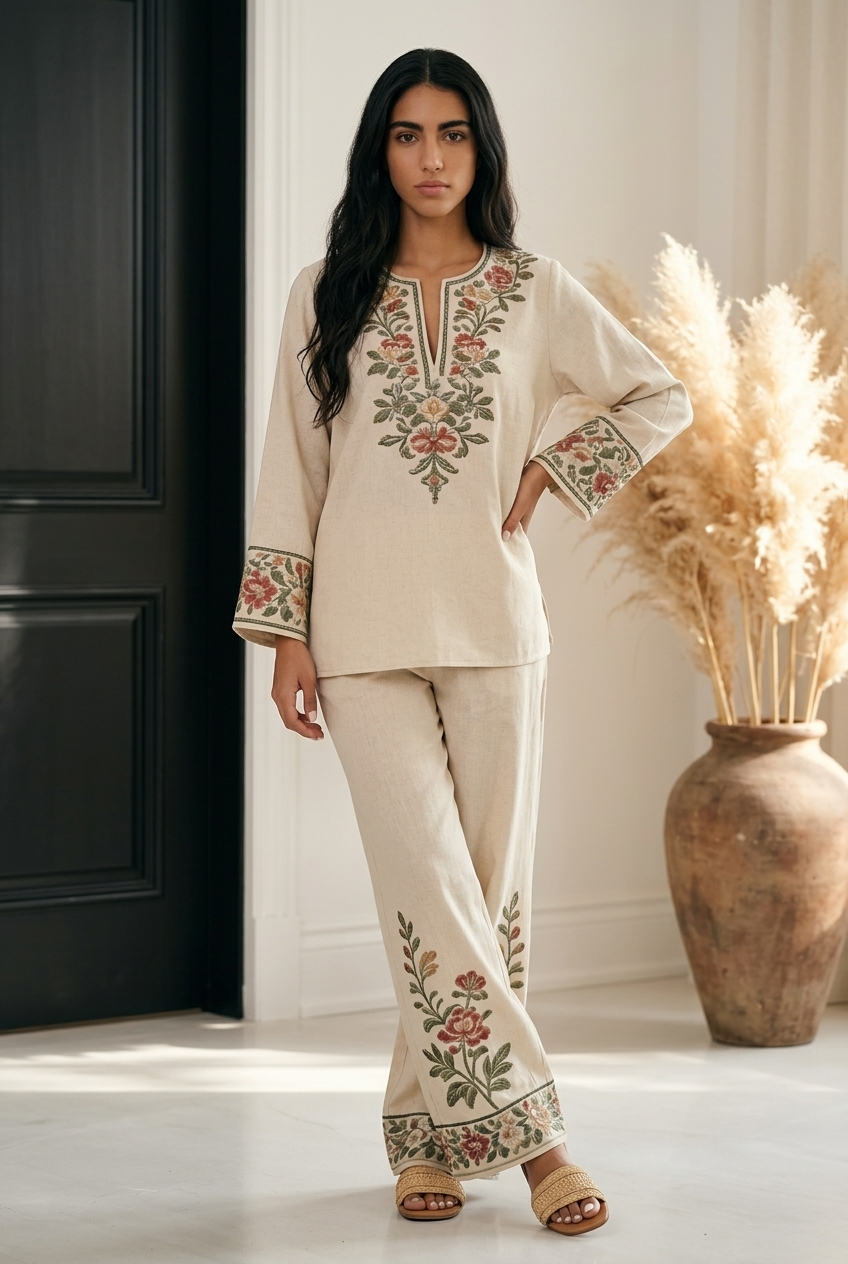 Full Size Embroidered Long Sleeve Top and Pants Set Plus Size
