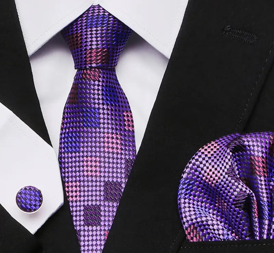 Men’s Silk Coordinated Tie Set - Purple with Squares
