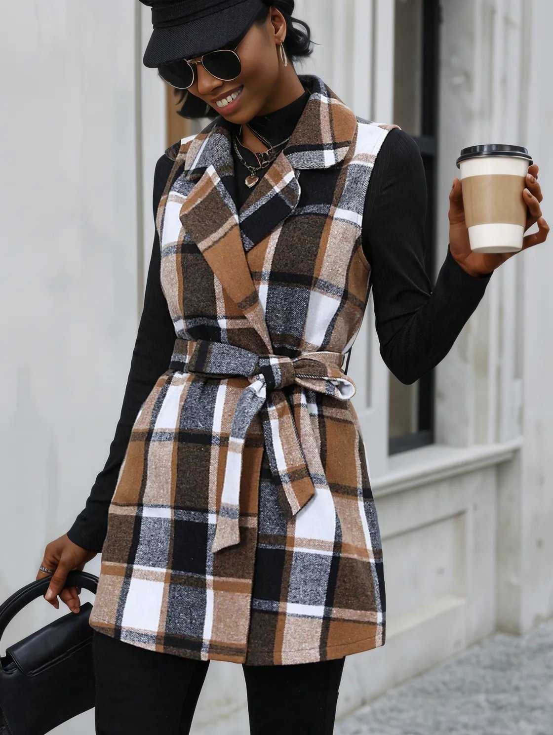 Tied Plaid Collared Neck Vest