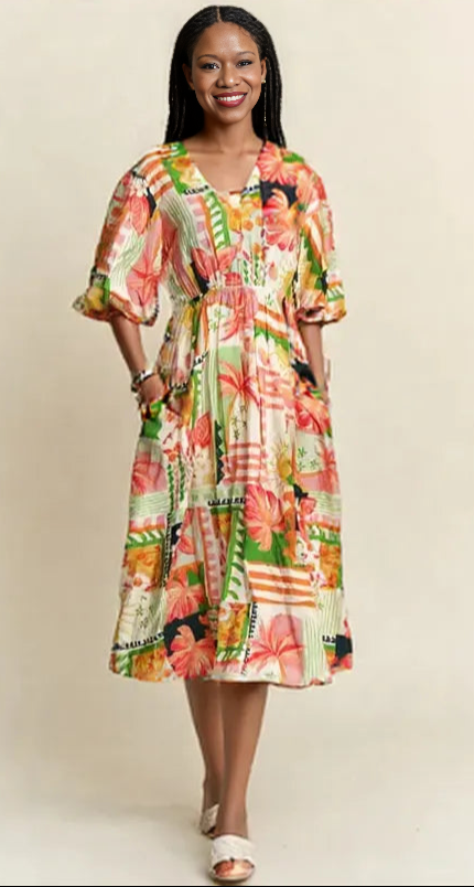 ADORA Floral V-Neck Puff Sleeve Midi Dress