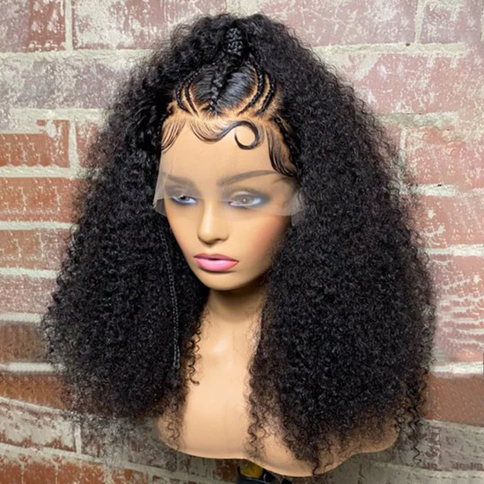 6/18/20 Inches Afro Poofy Curly Style with Special Braids 13x6 Lace Frontal Wig with Ponytail 250% Density-100% Human Hair