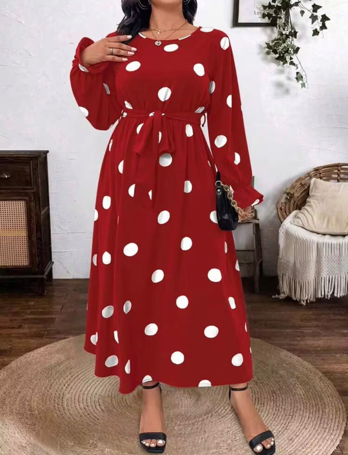 Polka Dot Tie-Waist Long Sleeve Maxi Dress - Red, Size 2X (US 16)