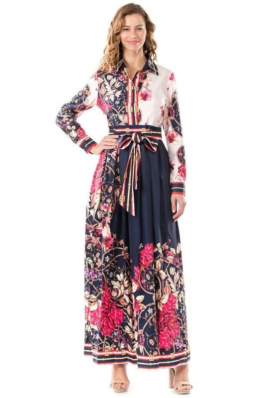 BY CLAUDE BELTED FULL LENGTH FLORAL DRESS