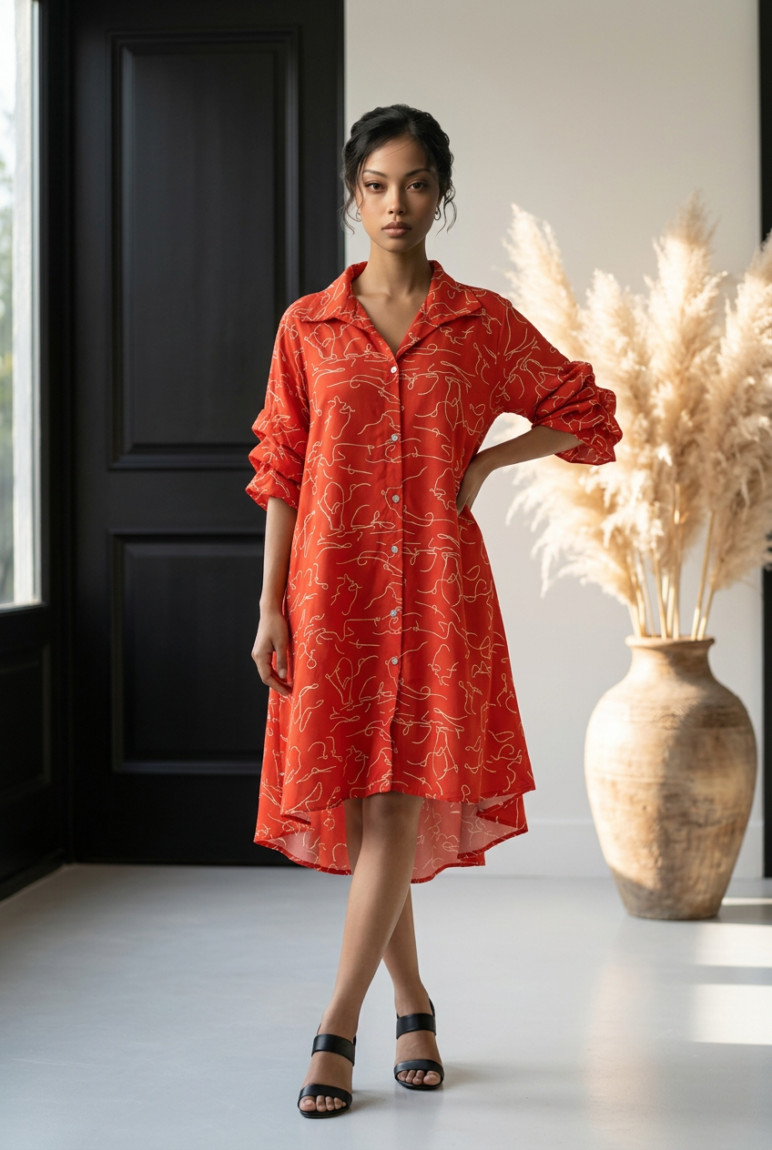 Swing Dress/ Faux Silk Red & White 758