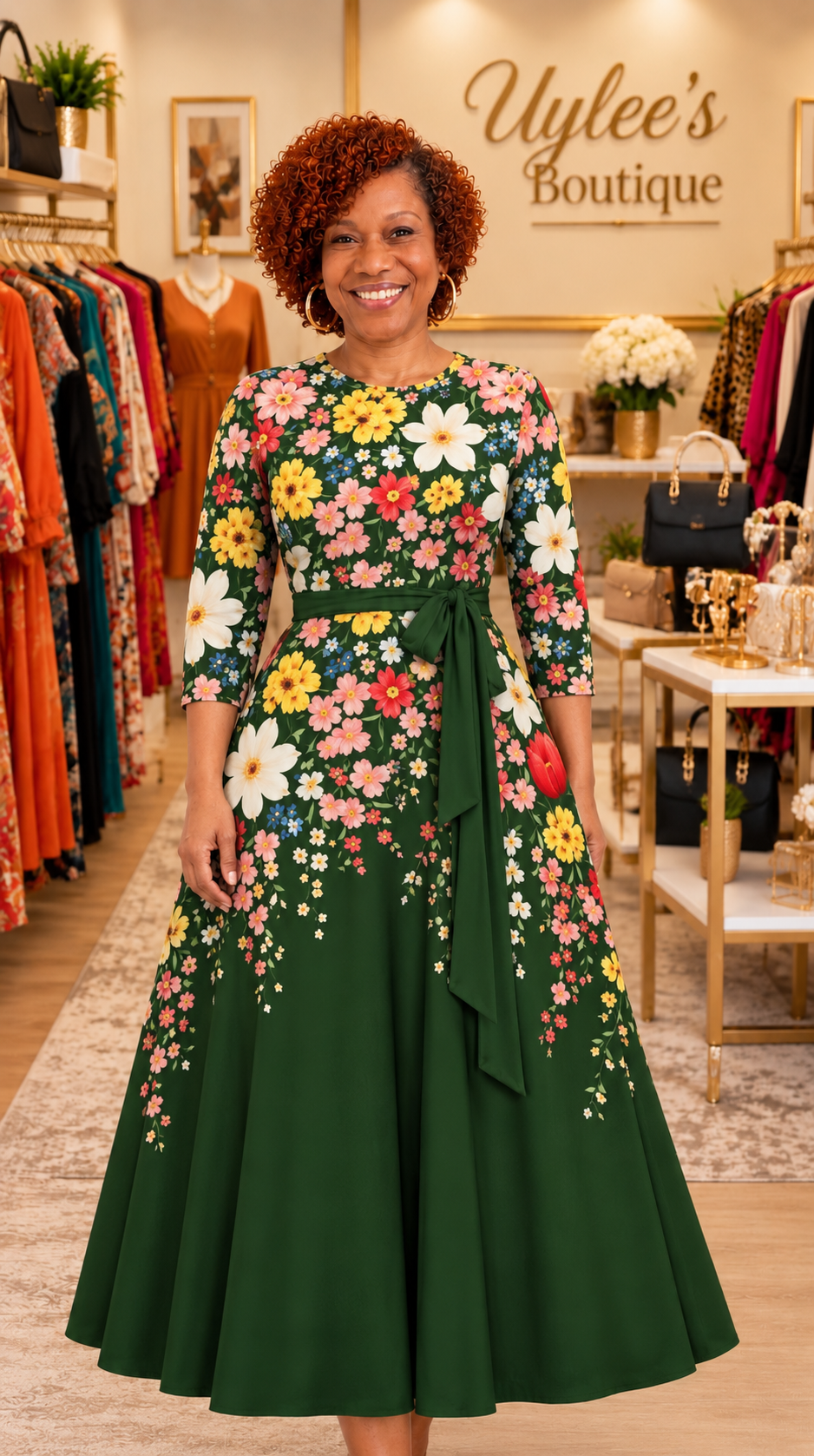 Women's 3/4 Sleeve Plus Size Maxi Dress A-line with Pockets, Size Large
