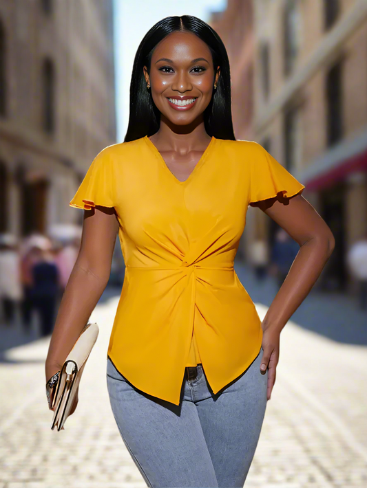Twisted Solid V-Neck Cap Sleeve Blouse