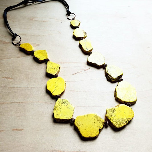 Yellow Turquoise Stone Necklace w/ Leather Ties