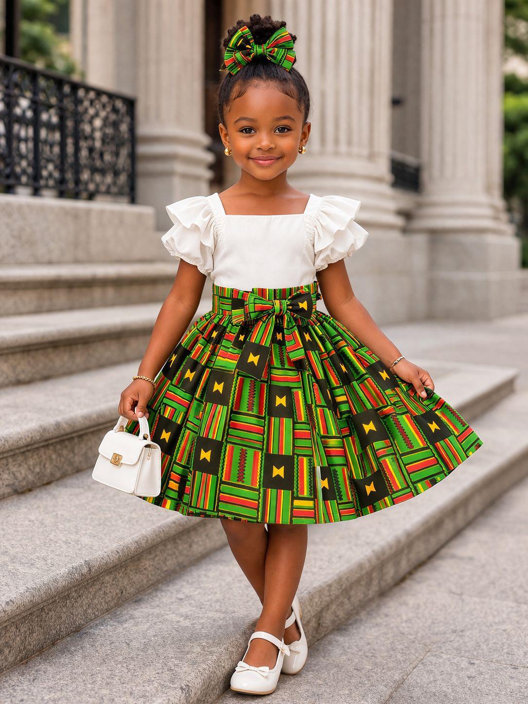 Little Girls Skirt & Head Bow Set-Kids Geen Kente K05 (Child Size 5-8)