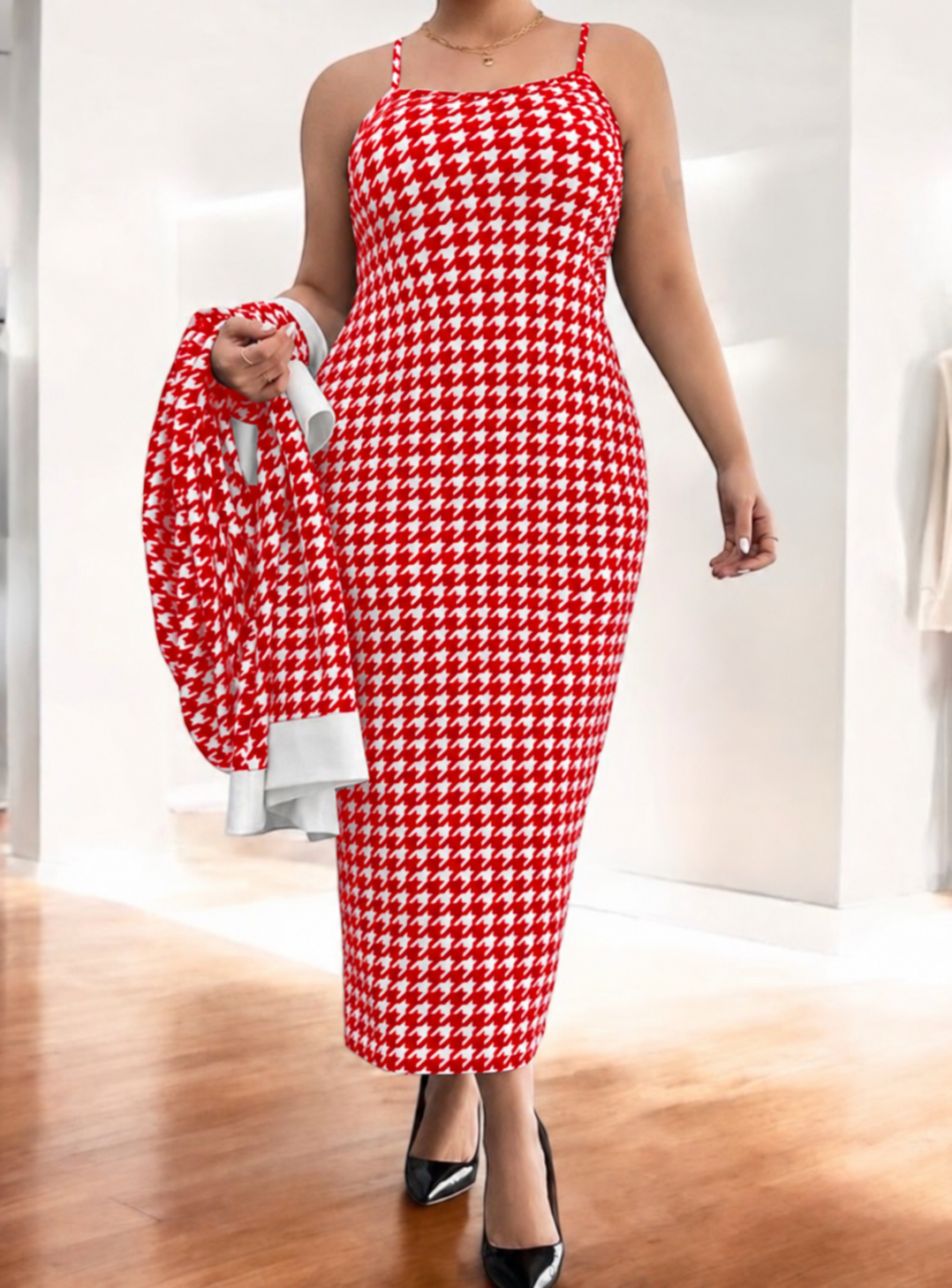 Classic Houndstooth Knit Cardigan & Dress Set - White/Red, 3X (US 18)