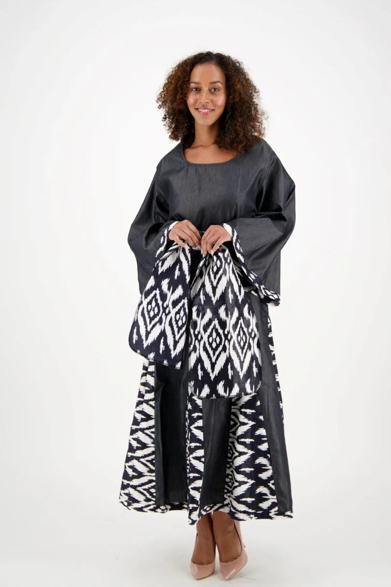 Black and White Long Sleeve Maxi Dress w/ Matching Ankara Print Belt