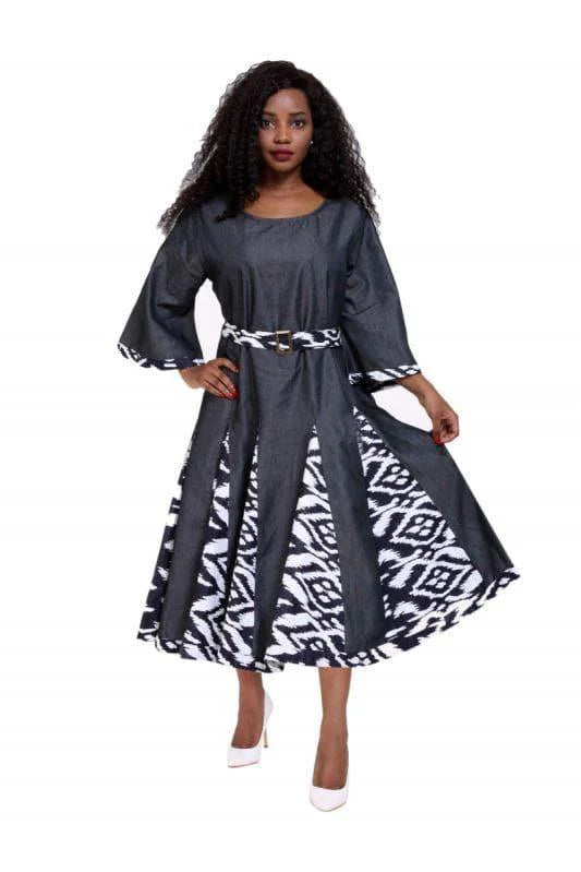Black and White Long Sleeve Maxi Dress w/ Matching Ankara Print Belt