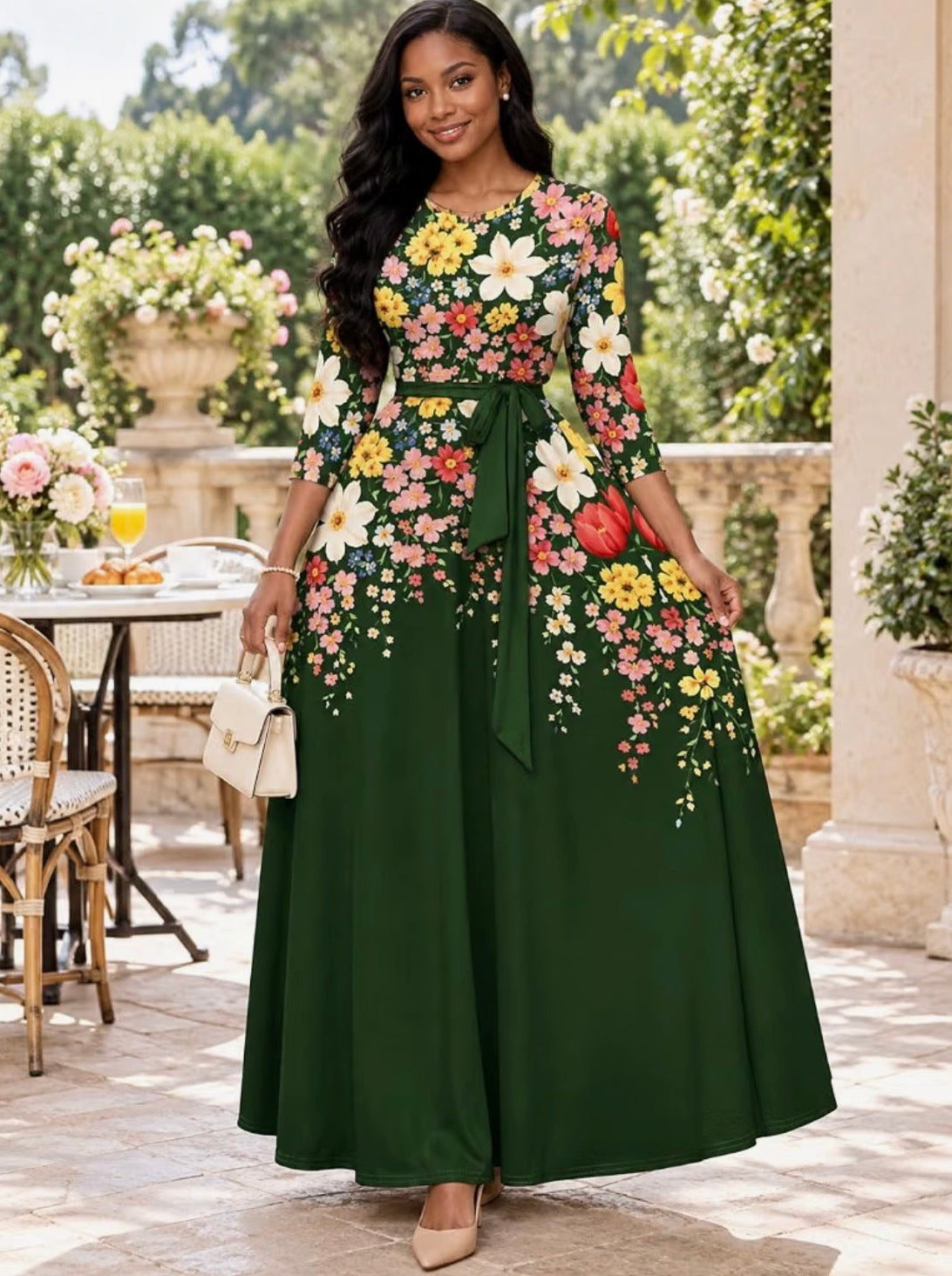 Women's 3/4 Sleeve Plus Size Maxi Dress A-line with Pockets, Size Large