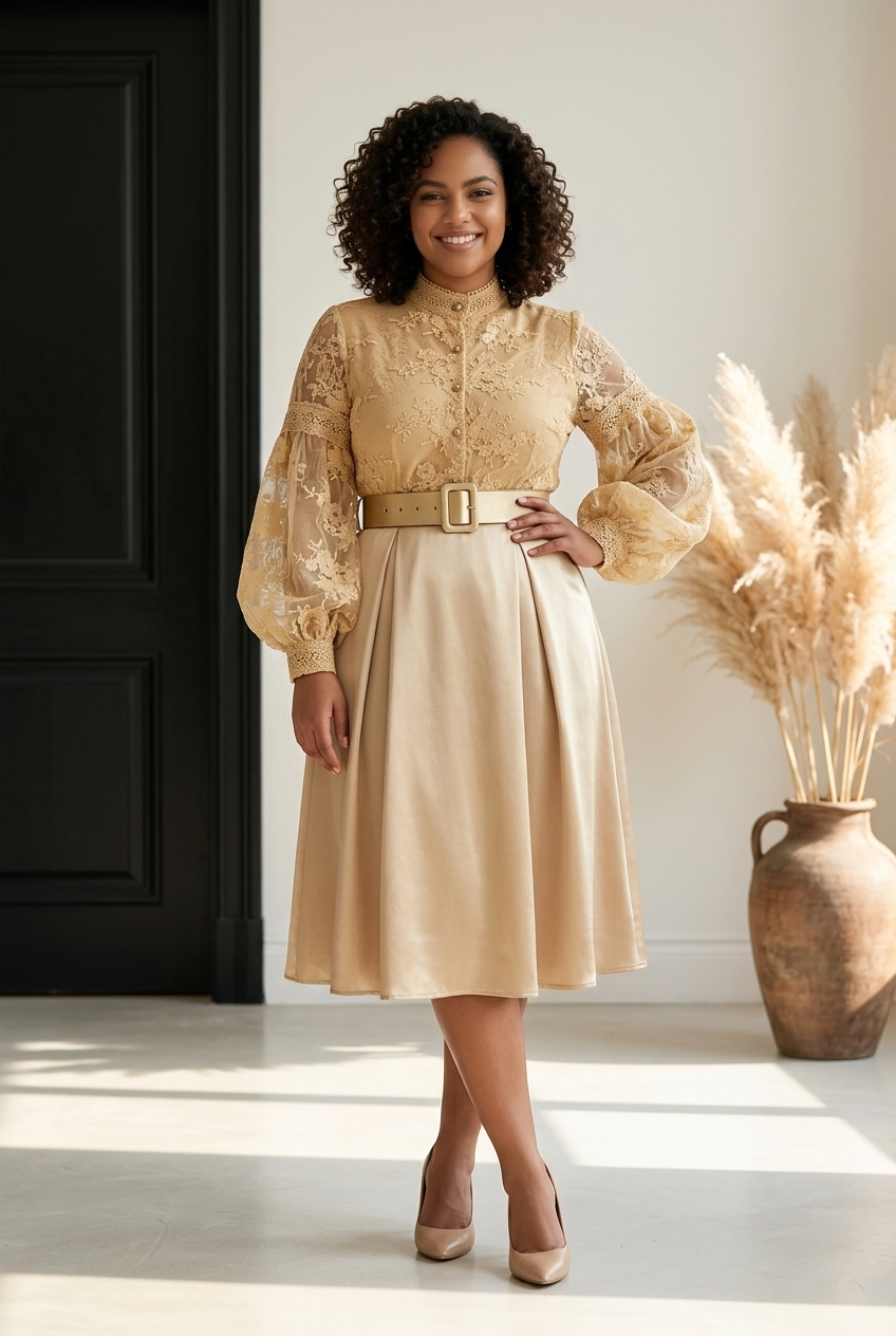 Lace Lantern Sleeve Belted Maxi Dress
