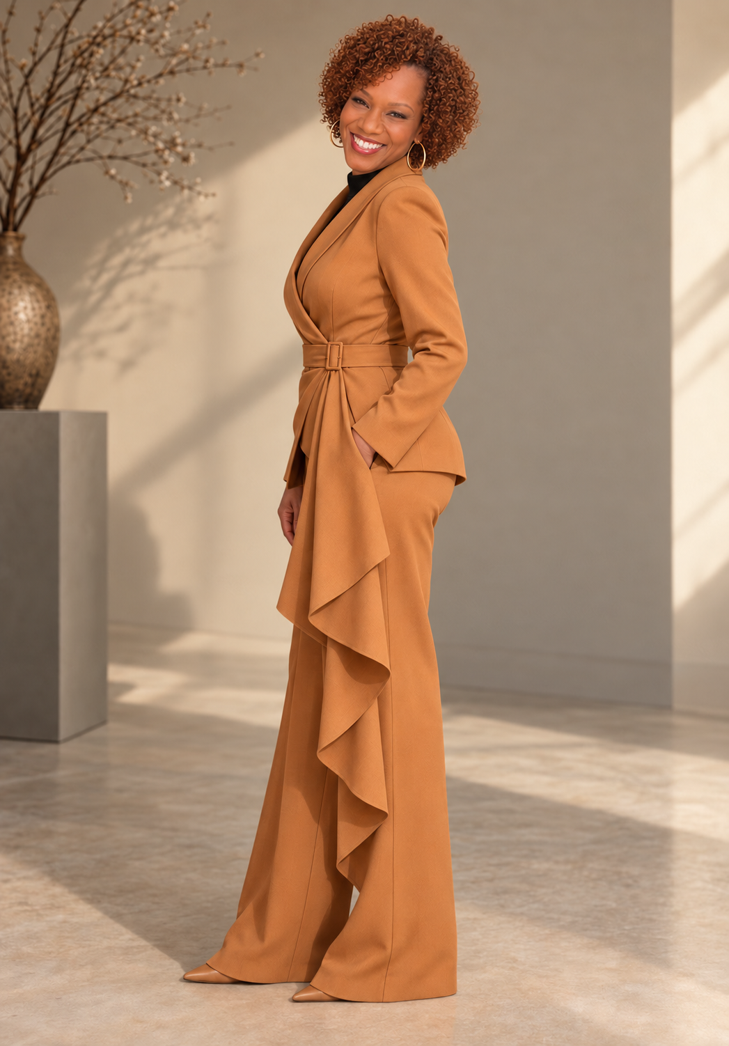 Full Size Belted Blazer and Wide-Leg Pants Set Plus Size