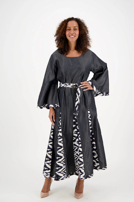 Black and White Long Sleeve Maxi Dress w/ Matching Ankara Print Belt