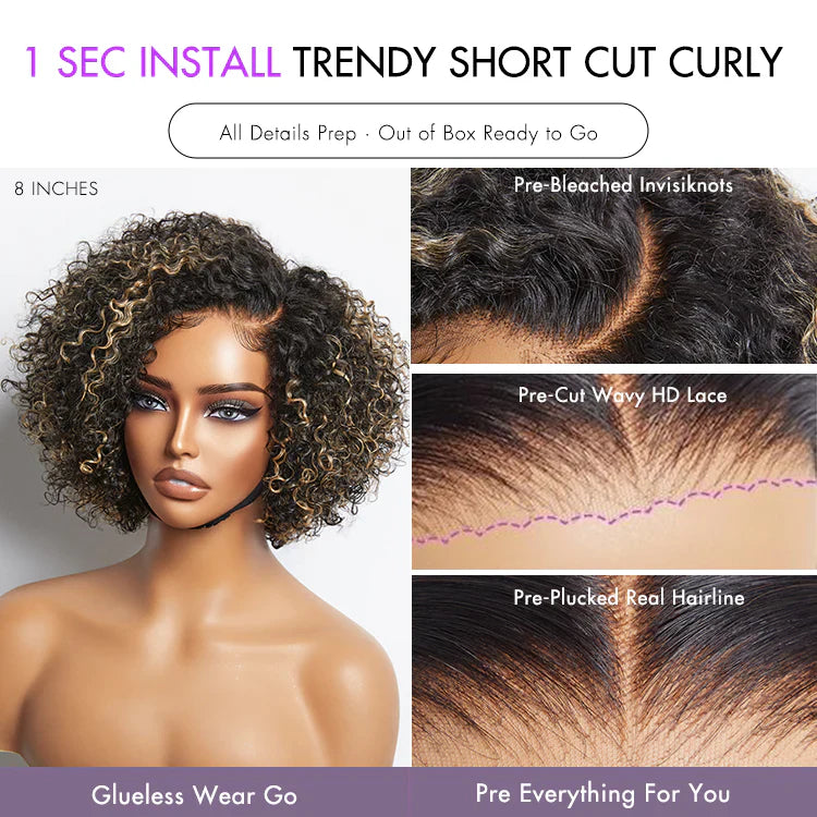 Trendy Short Cut Curly Minimalist HD Lace Glueless Side Part Wig, 8 inch