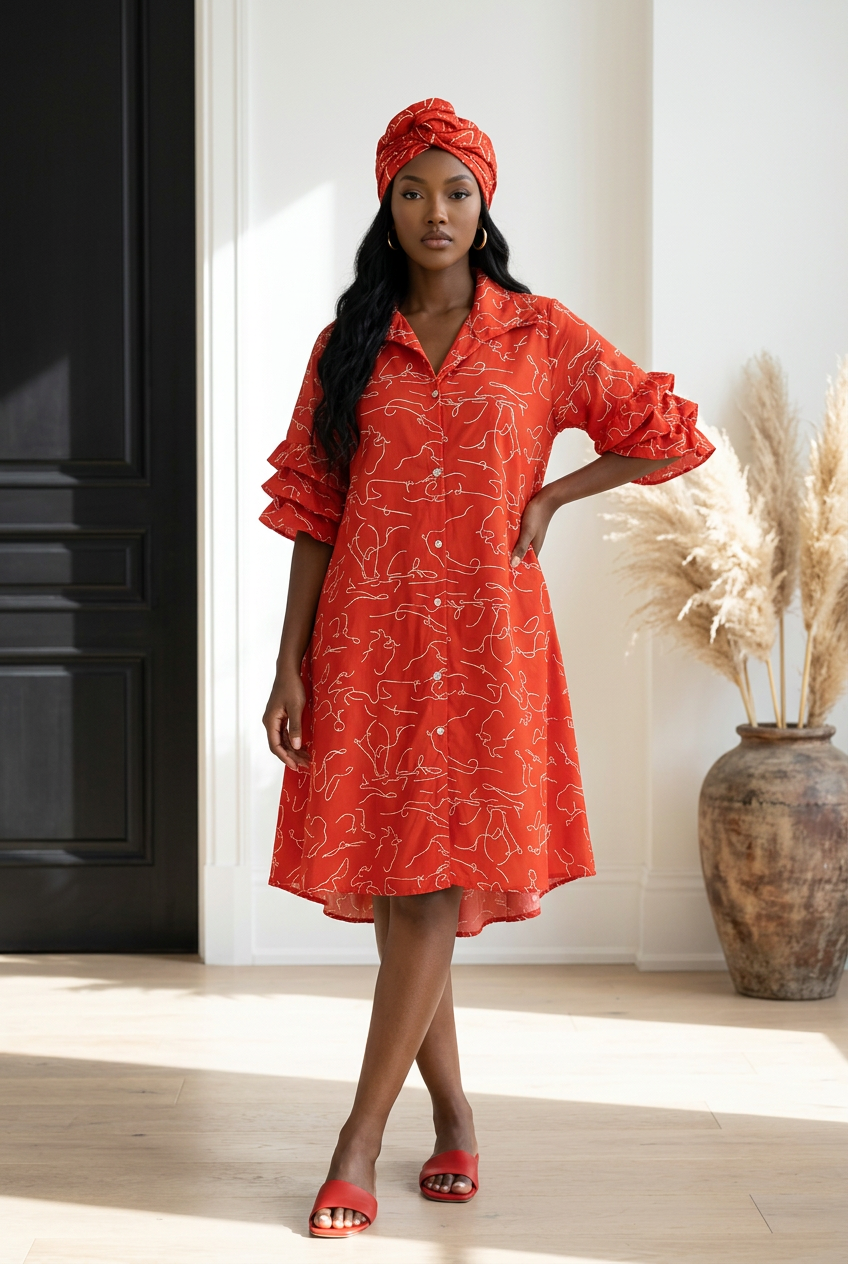 Swing Dress/ Faux Silk Red & White 758
