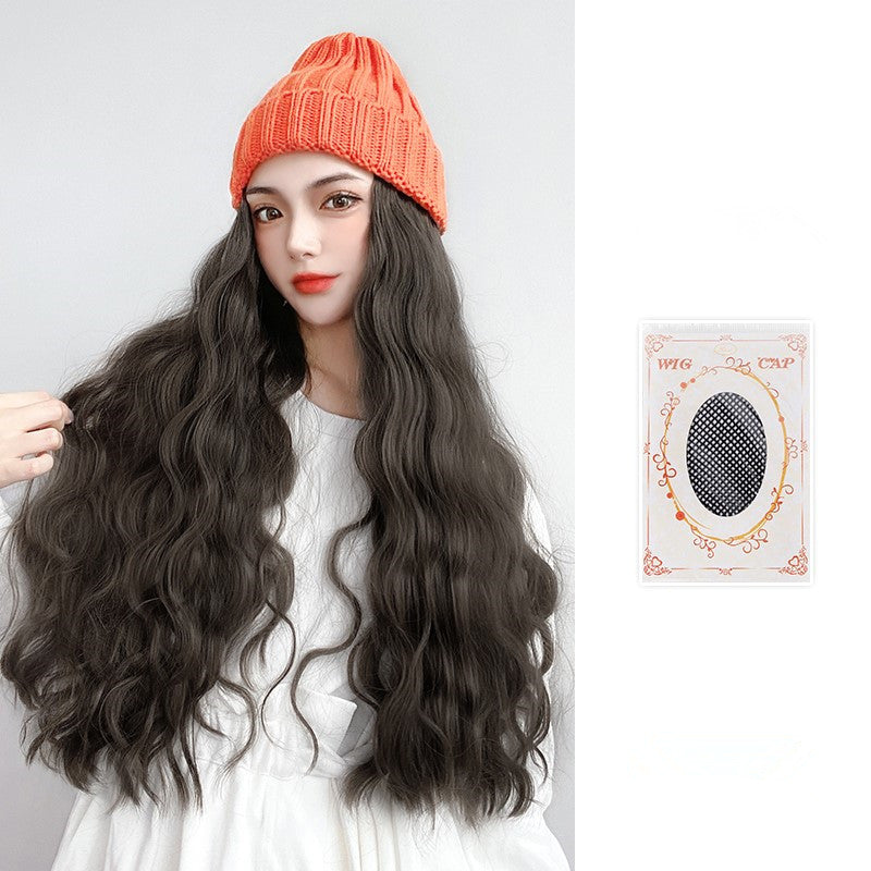 Knitted Cap with attached wavy long women's wig